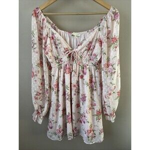 Thirty Thirty Women’s Small Pink Floral Long Sleeve V-Neck Dress Boho